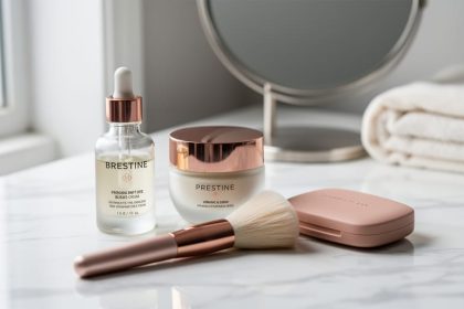 Close-up vanity scene with a glass serum dropper bottle, cream jar, and makeup compact on a marble surface in soft natural light.