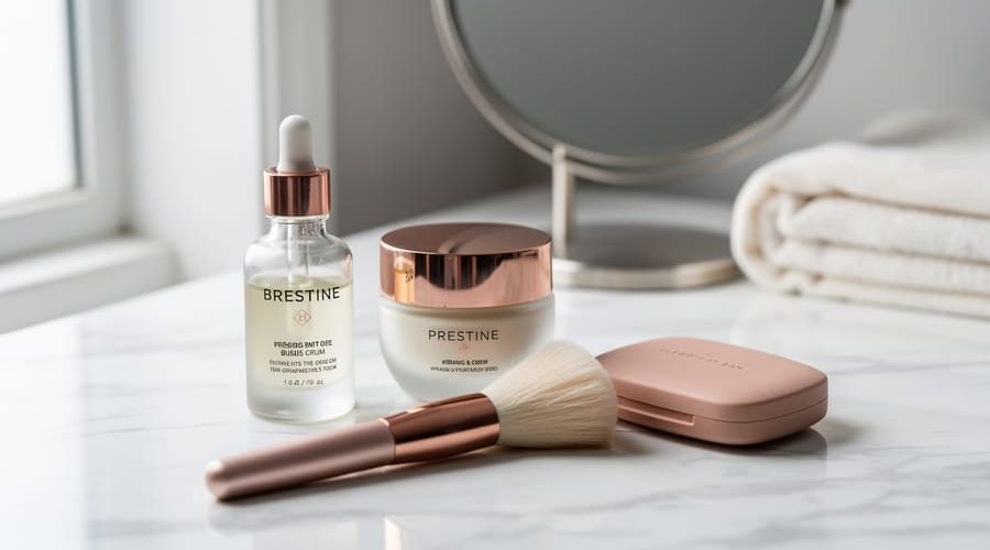 Close-up vanity scene with a glass serum dropper bottle, cream jar, and makeup compact on a marble surface in soft natural light.