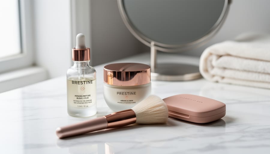 Close-up vanity scene with a glass serum dropper bottle, cream jar, and makeup compact on a marble surface in soft natural light.