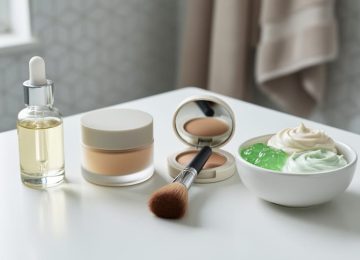 Close-up of a clean, unbranded beauty vanity with skincare bottles, a cream jar, a foundation compact, and makeup tools arranged in soft natural light.