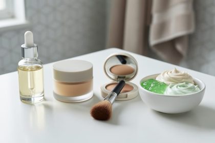 Close-up of a clean, unbranded beauty vanity with skincare bottles, a cream jar, a foundation compact, and makeup tools arranged in soft natural light.
