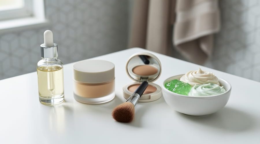 Close-up of a clean, unbranded beauty vanity with skincare bottles, a cream jar, a foundation compact, and makeup tools arranged in soft natural light.