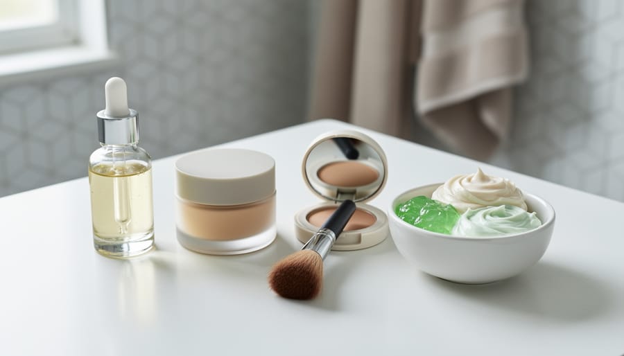 Close-up of a clean, unbranded beauty vanity with skincare bottles, a cream jar, a foundation compact, and makeup tools arranged in soft natural light.