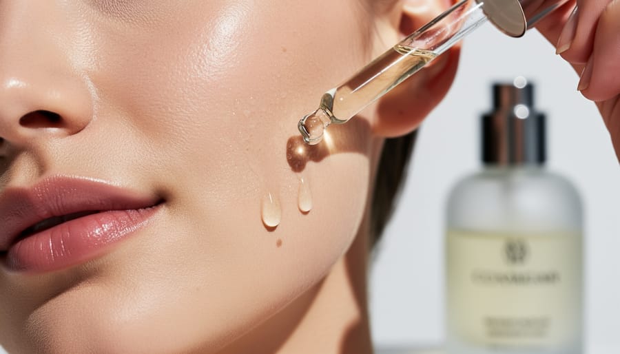 Close-up of serum drop being applied and smoothed onto forearm skin with a glossy sheen.