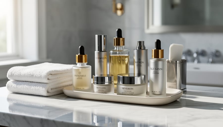 Skincare enthusiast’s vanity with glass dropper serum and premium skincare bottles arranged neatly in soft daylight.