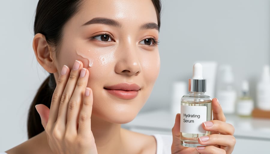 Woman applying serum to her cheek with natural skin texture visible